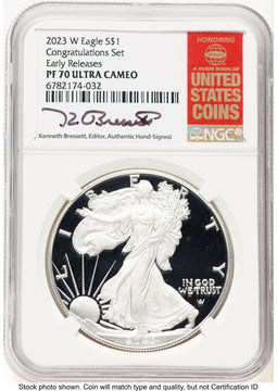 2023-W Proof Silver Eagle Congratulations Set 1 oz ER Kenneth Bressett Red Book NGC PF70