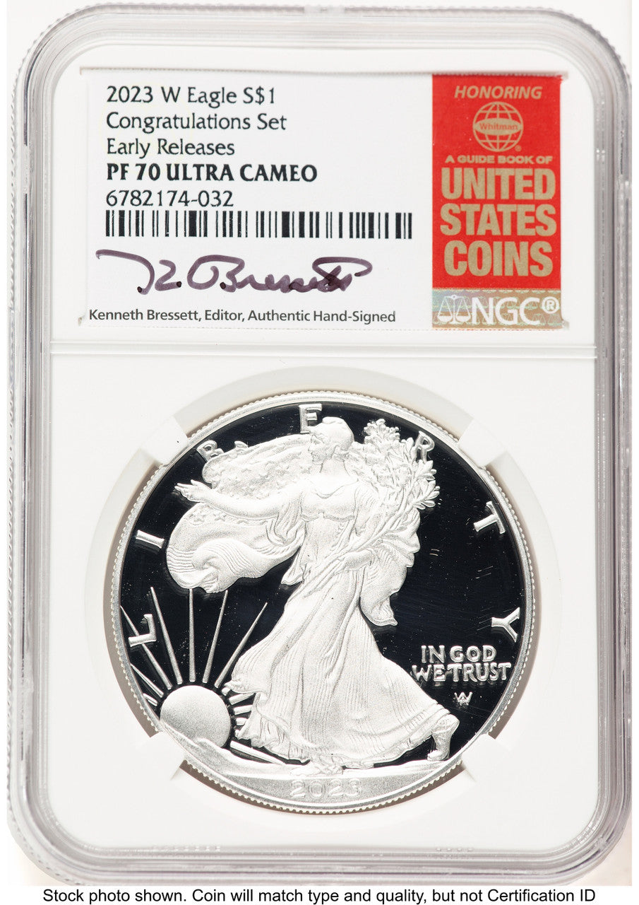 2023-W Proof Silver Eagle Congratulations Set 1 oz ER Kenneth Bressett Red Book NGC PF70