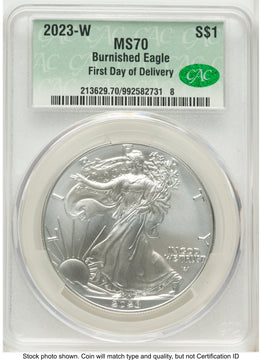 2023-W Burnished Silver Eagle 1 oz First Day Of Delivery CACG MS70