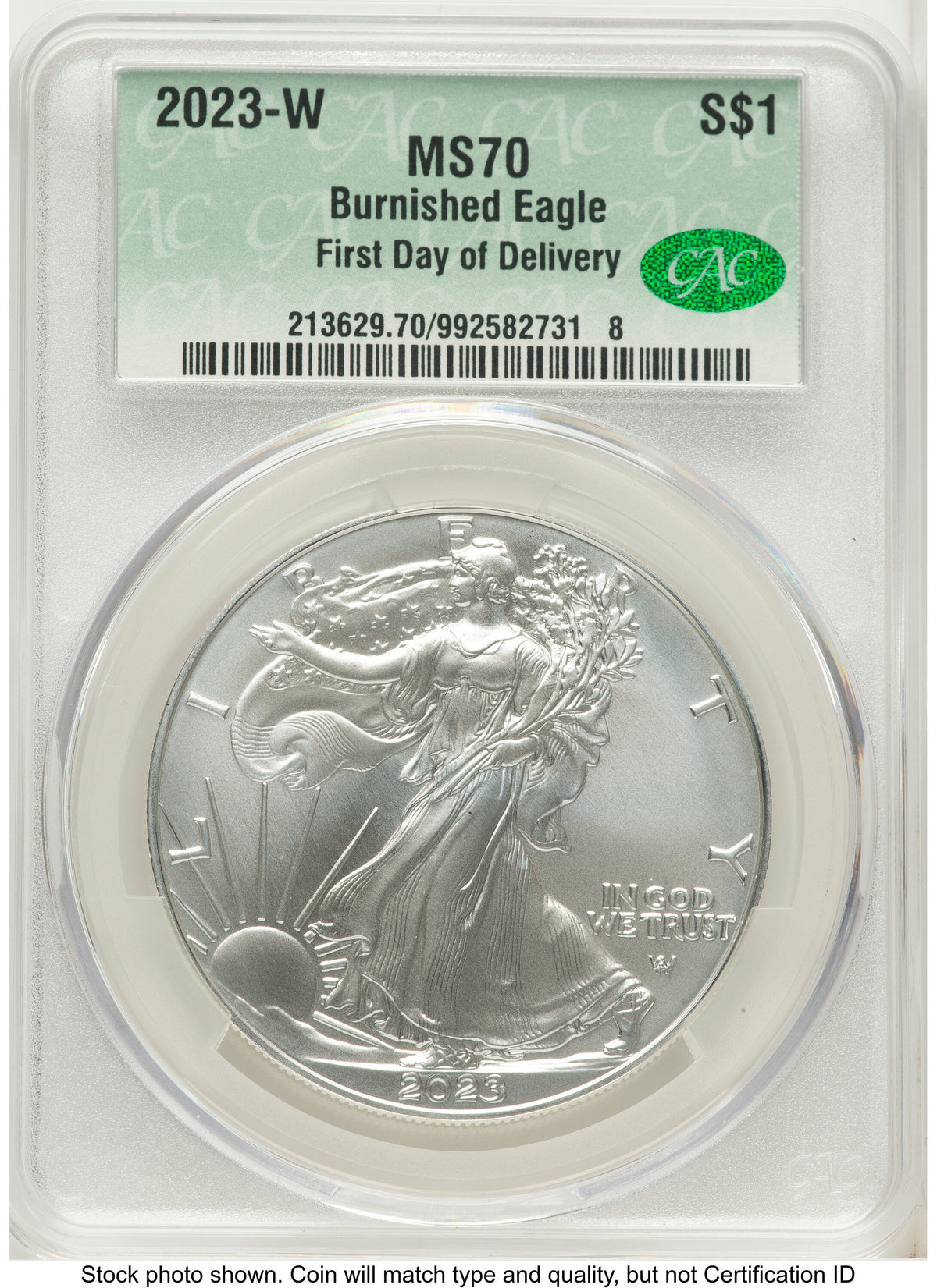 2023-W Burnished Silver Eagle 1 oz First Day Of Delivery CACG MS70