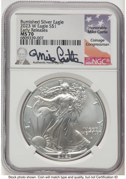 2023-W Burnished Silver Eagle 1 oz ER Mike Castle NGC MS70