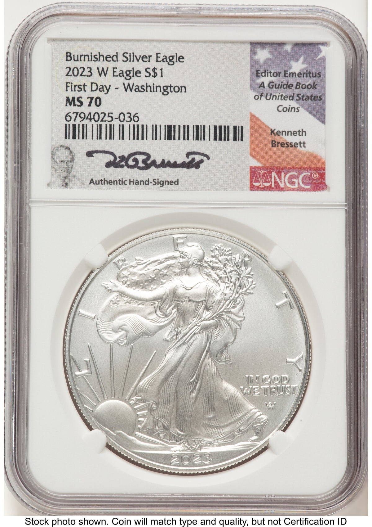 2023-W Burnished Silver Eagle 1 oz FDI Kenneth Bressett Portrait Washington NGC PF70