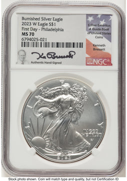 2023-W Burnished Silver Eagle 1 oz FDI Kenneth Bressett Portrait Philadelphia NGC MS70