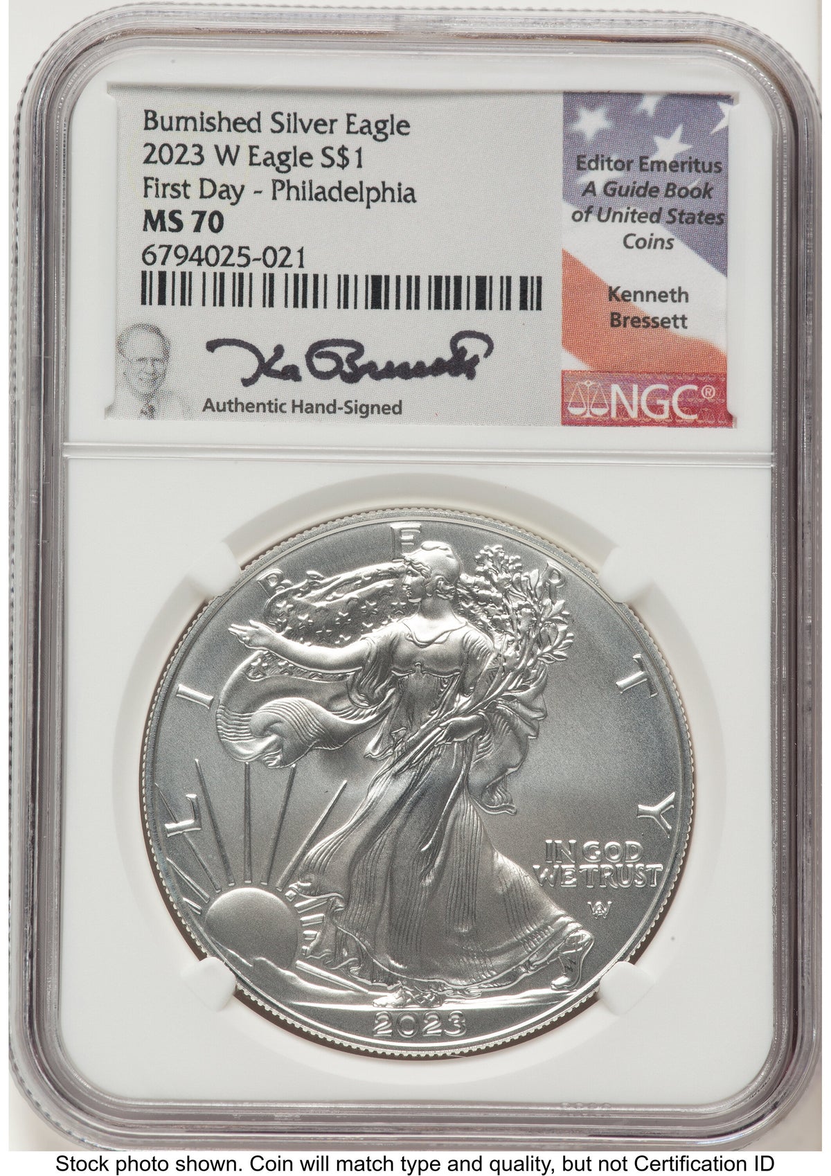 2023-W Burnished Silver Eagle 1 oz FDI Kenneth Bressett Portrait Philadelphia NGC MS70