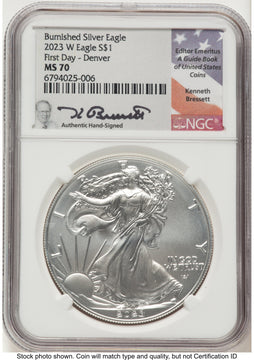 2023-W Burnished Silver Eagle 1 oz FDI Kenneth Bressett Portrait Denver NGC MS70