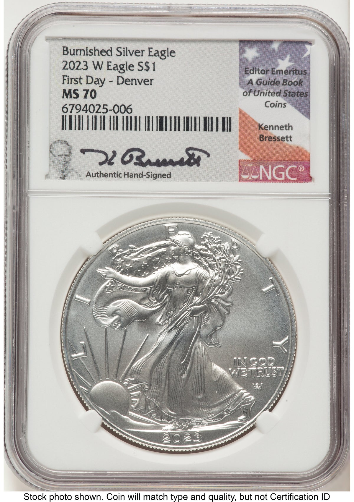 2023-W Burnished Silver Eagle 1 oz FDI Kenneth Bressett Portrait Denver NGC MS70