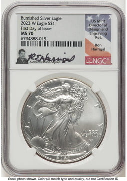 2023-W Burnished Silver Eagle 1 oz FDI Ron Harrigal NGC MS70