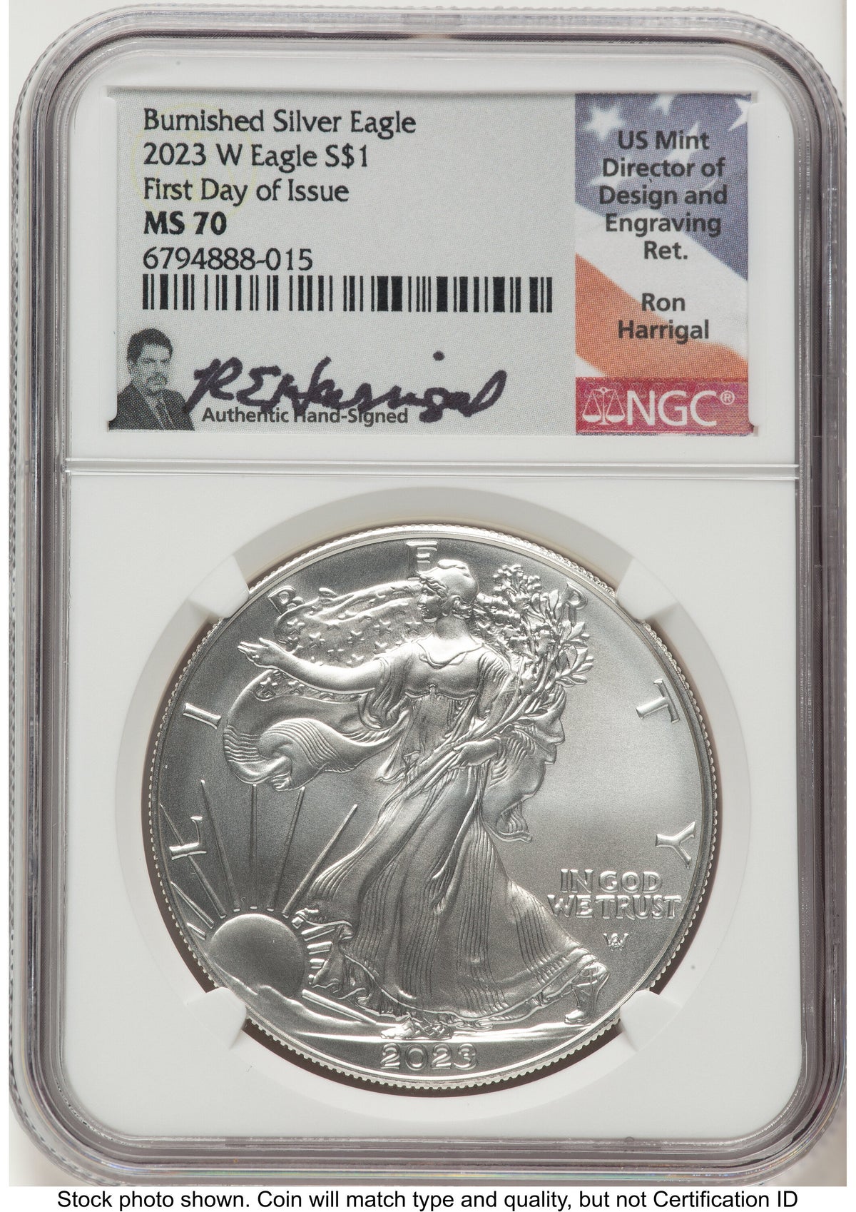 2023-W Burnished Silver Eagle 1 oz FDI Ron Harrigal NGC MS70