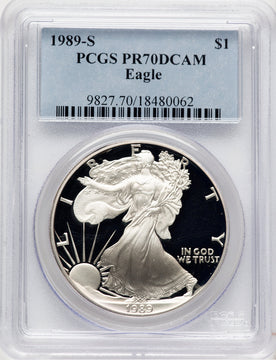 1989-S Proof Silver Eagle 1 oz Blue Label PCGS PR70