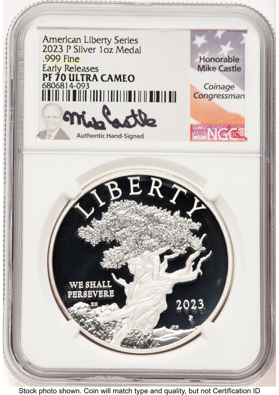 2023-P Silver American Liberty High Relief Medal ER Mike Castle Medals and Tokens NGC MS70