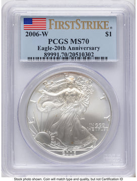 2006 3 Coin 20th Anniversary Silver Eagle Set FS Flag 20th Anniversary Set PCGS MS70