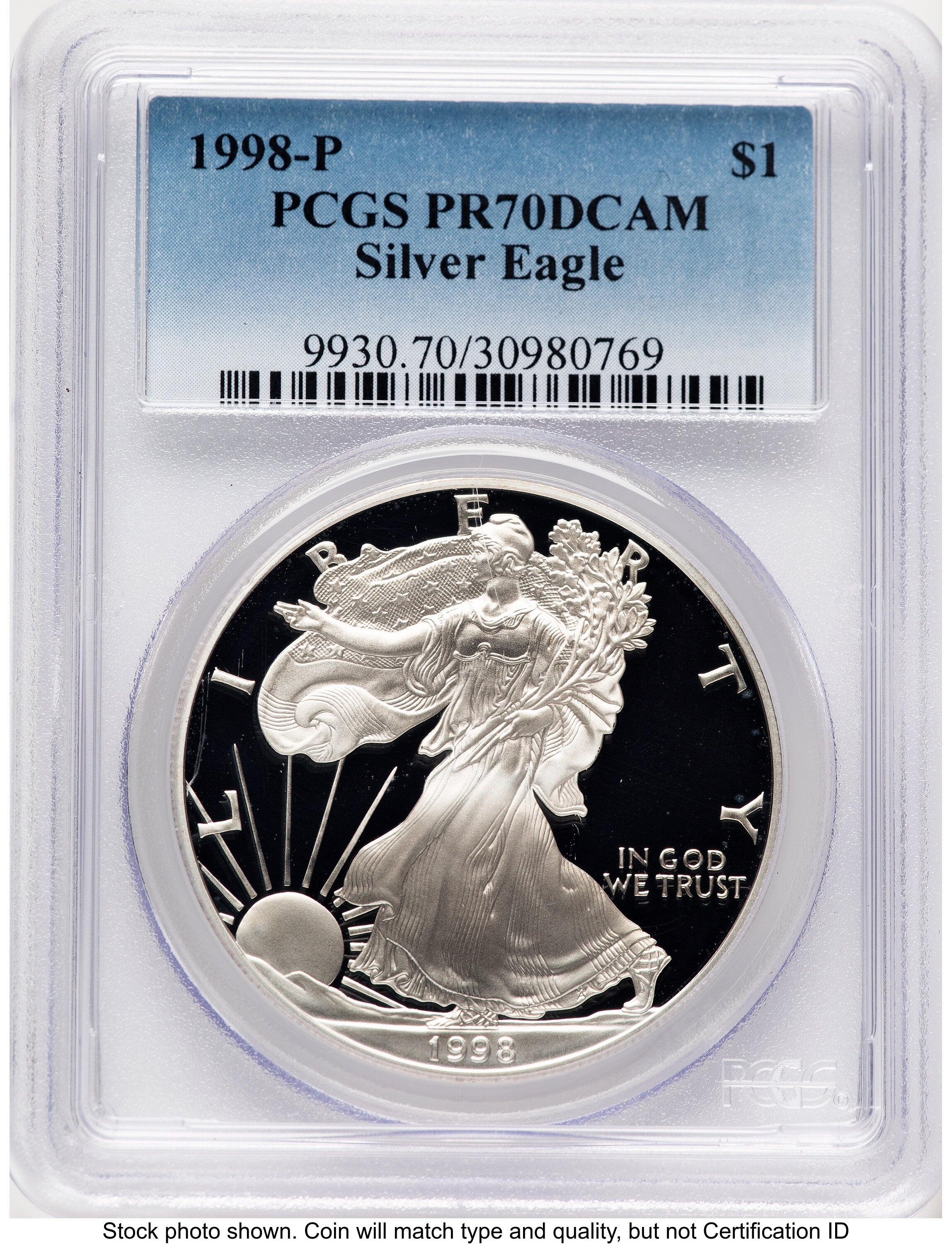 1998-P Proof Silver Eagle 1 oz Blue Gradient PCGS PR70