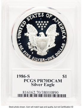 1986-S Proof Silver Eagle 1 oz George Casey PCGS PR70
