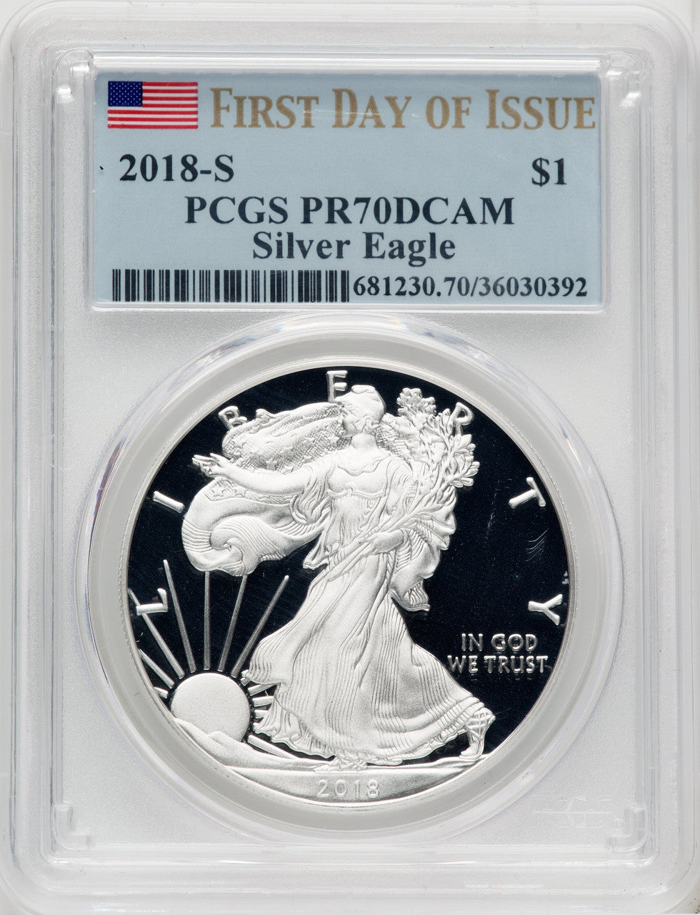 2018-S Proof Silver Eagle 1 oz FDI Flag PCGS PR70