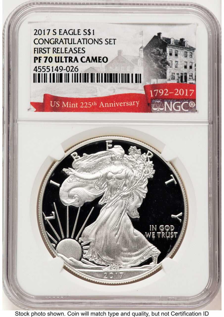 2017-S Proof Silver Eagle Congratulations Set 1 oz FR 225th Anniversary Label NGC PF70