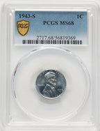 1943-S 1C Blue Gradient Lincoln Cent PCGS MS68