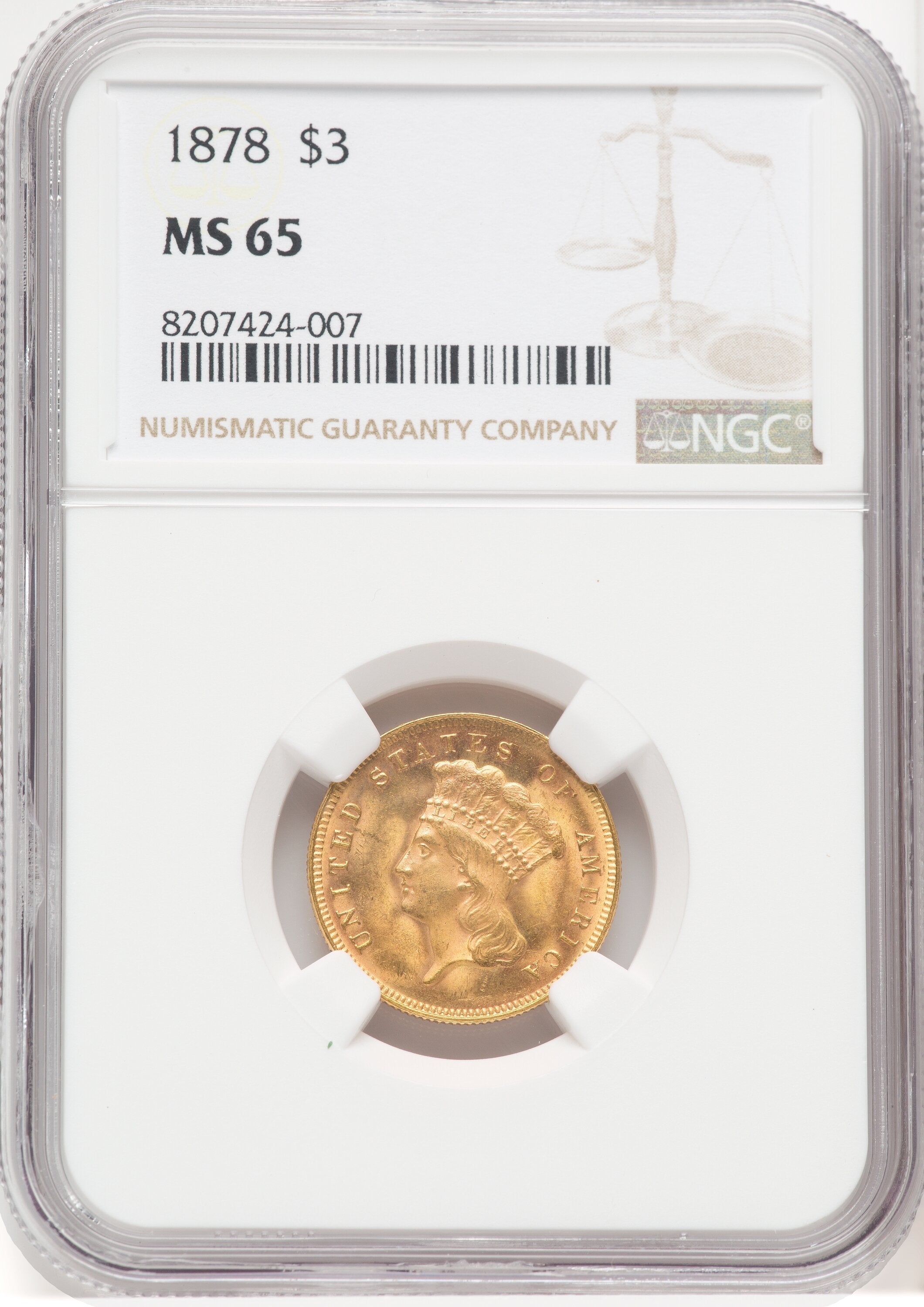 1878 $3 Three Dollar Gold Pieces NGC MS65