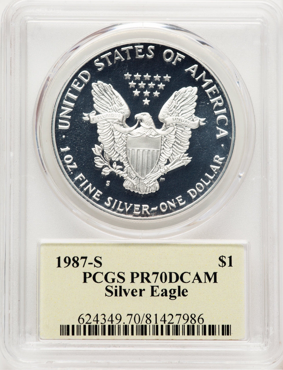 1987-S Proof Silver Eagle 1 oz Thomas Cleveland Art Deco PCGS PR70