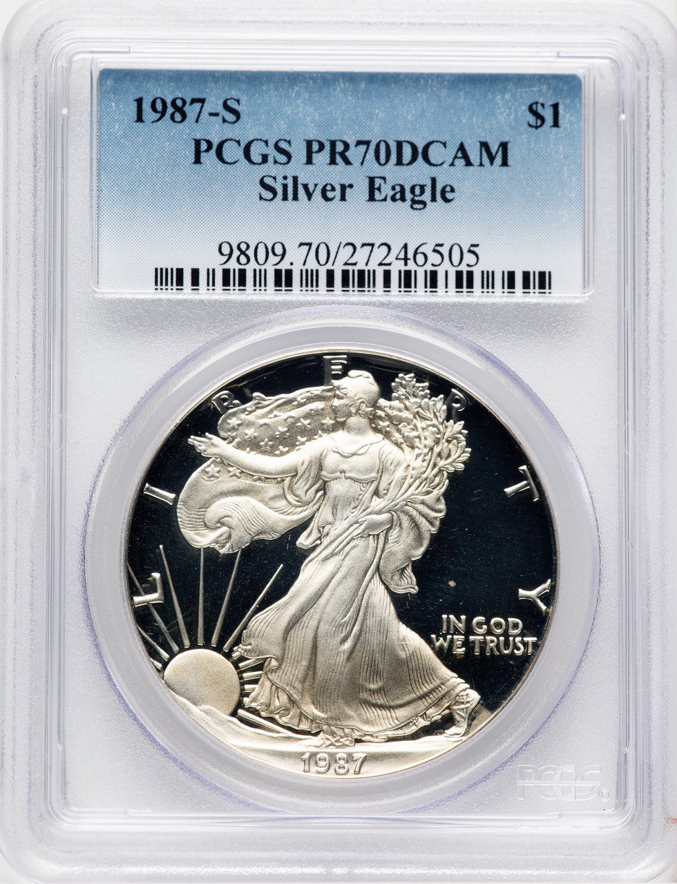 1987-S Proof Silver Eagle 1 oz Blue Gradient PCGS PR70