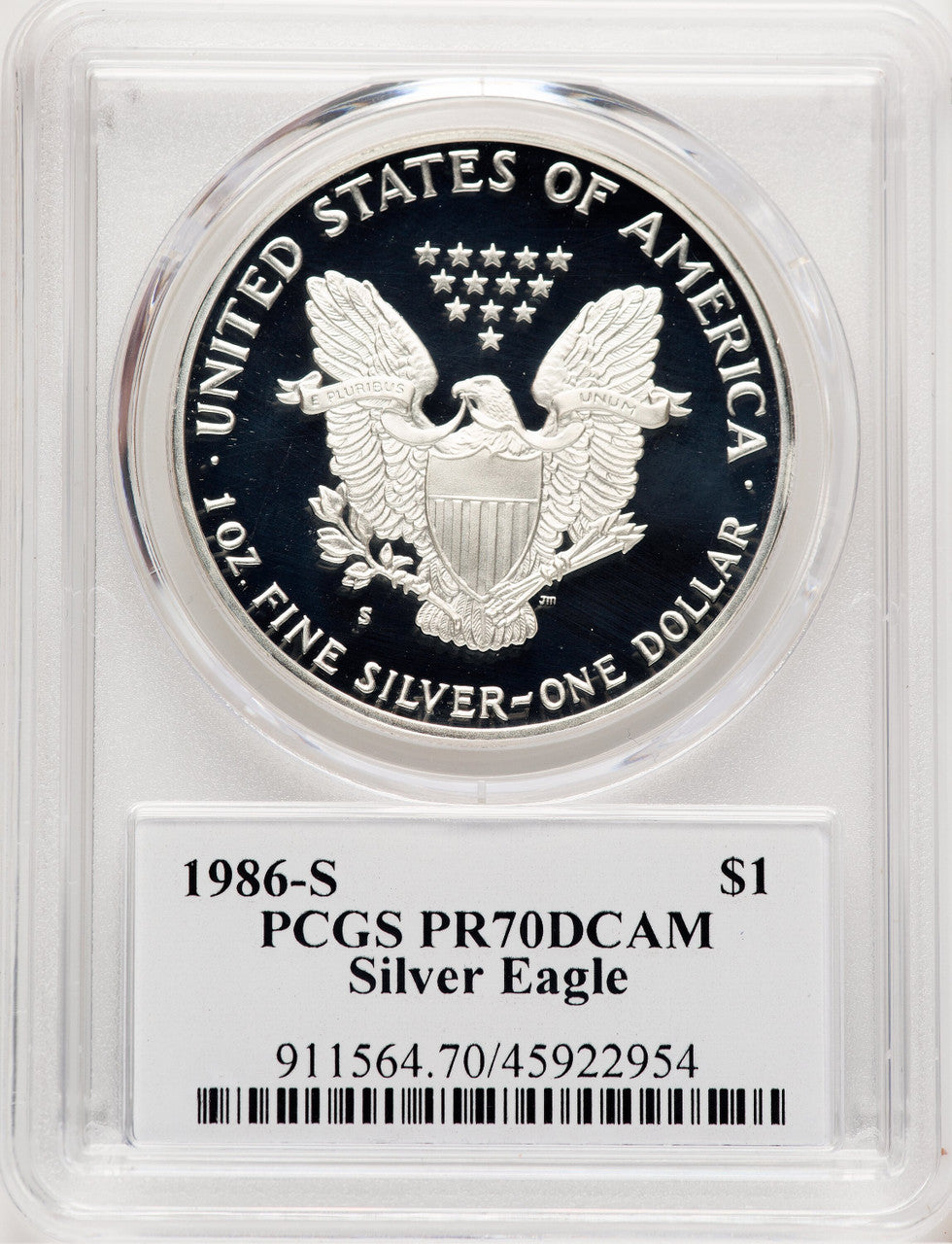 1986-S Proof Silver Eagle 1 oz TD Rogers PCGS PR70