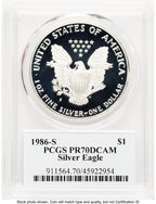 1986-S Proof Silver Eagle 1 oz TD Rogers PCGS PR70