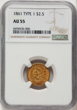 1861 $2.50 Old Rev. Liberty Quarter Eagle NGC AU55