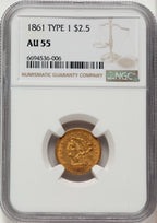 1861 $2.50 Old Rev. Liberty Quarter Eagle NGC AU55