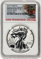 2019-S Enhanced Reverse Proof Silver Eagle 1 oz Baltimore Show Releases Trolley Label NGC PF69