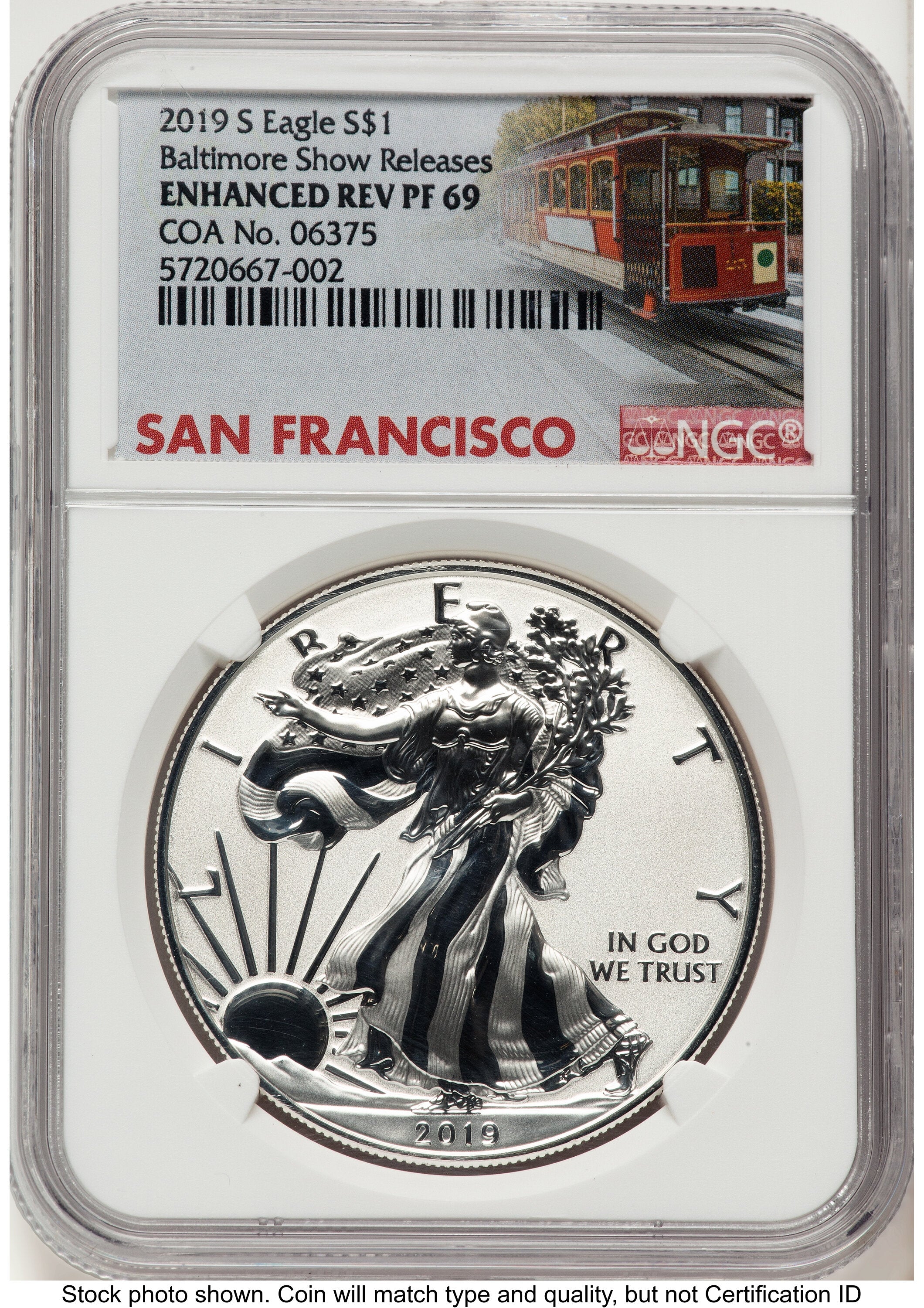 2019-S Enhanced Reverse Proof Silver Eagle 1 oz Baltimore Show Releases Trolley Label NGC PF69
