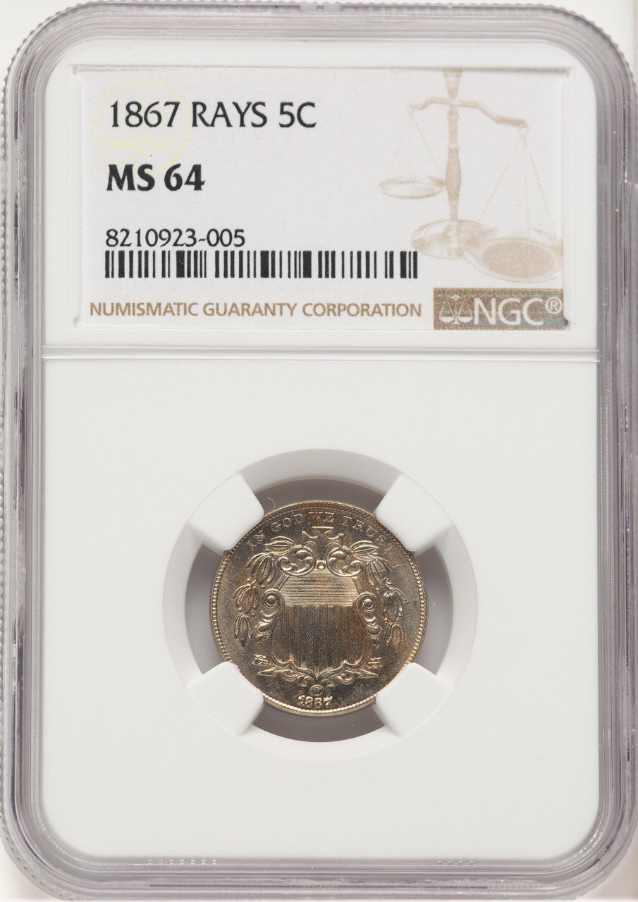 1867 5C RAYS Shield Nickel NGC MS64