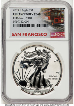 2019-S Enhanced Reverse Proof Silver Eagle 1 oz Trolley Label NGC PF69