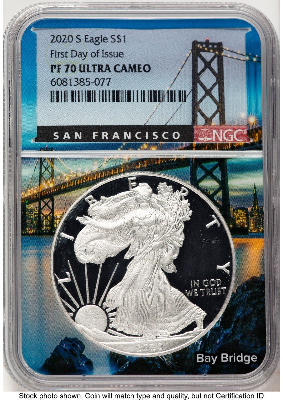 2020-S Proof Silver Eagle 1 oz FDI San Francisco Bay Bridge Core/Label NGC PF70
