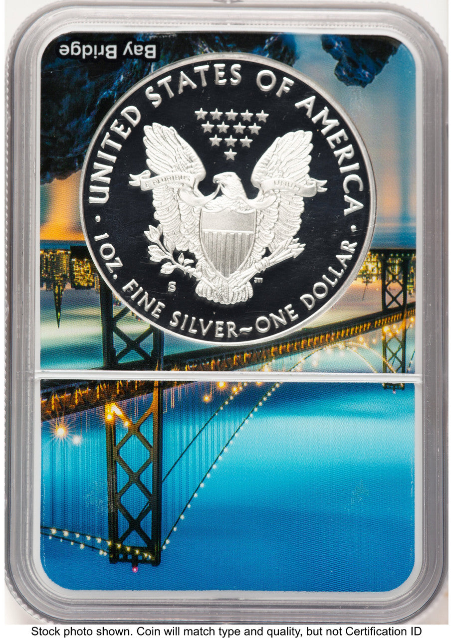 2020-S Proof Silver Eagle 1 oz FDI San Francisco Bay Bridge Core/Label NGC PF70