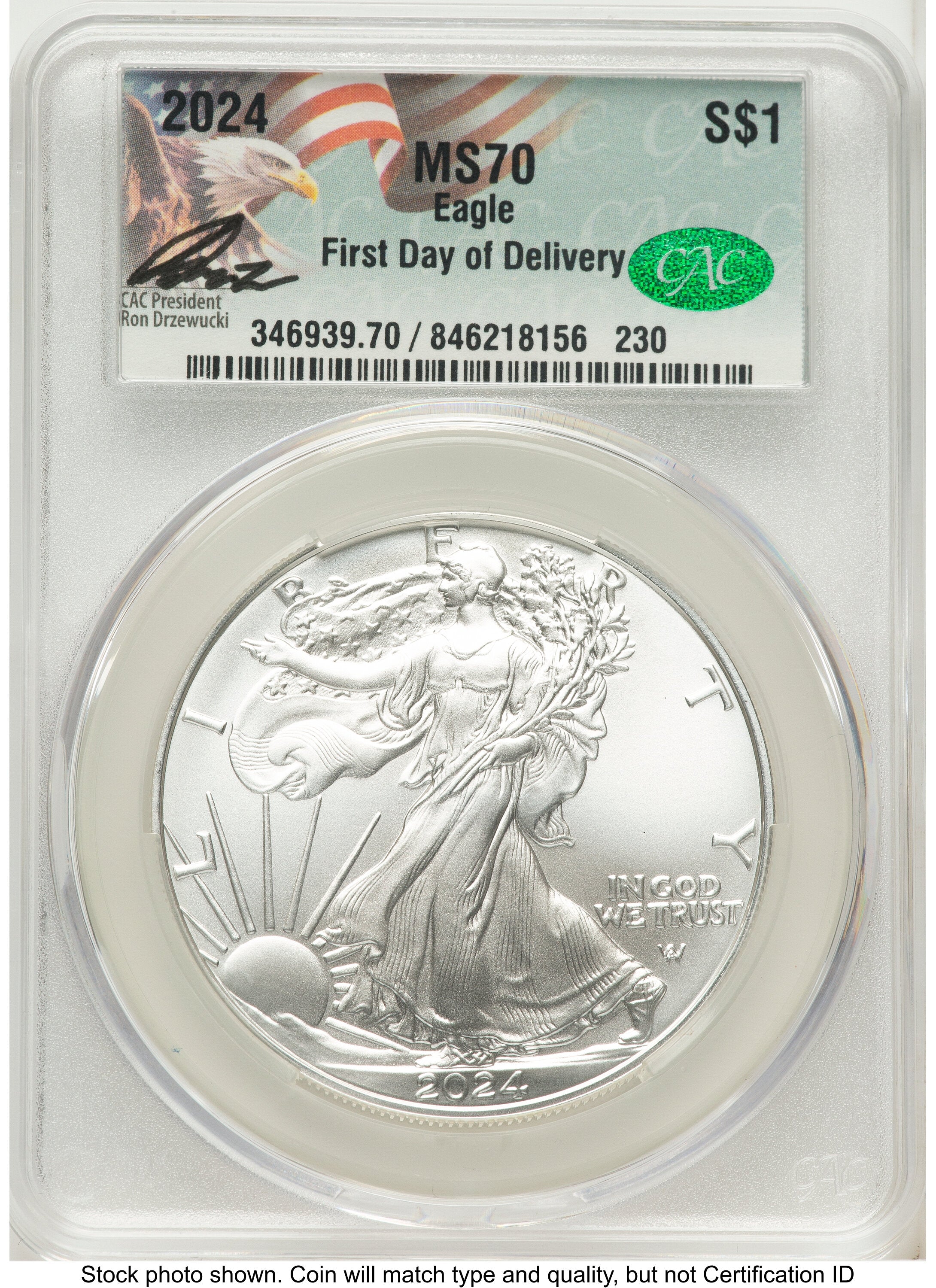 2024 Silver Eagle First Day of Delivery Ron Drzewuki CACG MS70