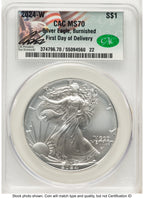 2024-W Burnished Silver Eagle 1 oz First Day of Delivery Ron Drzewuki CACG MS70