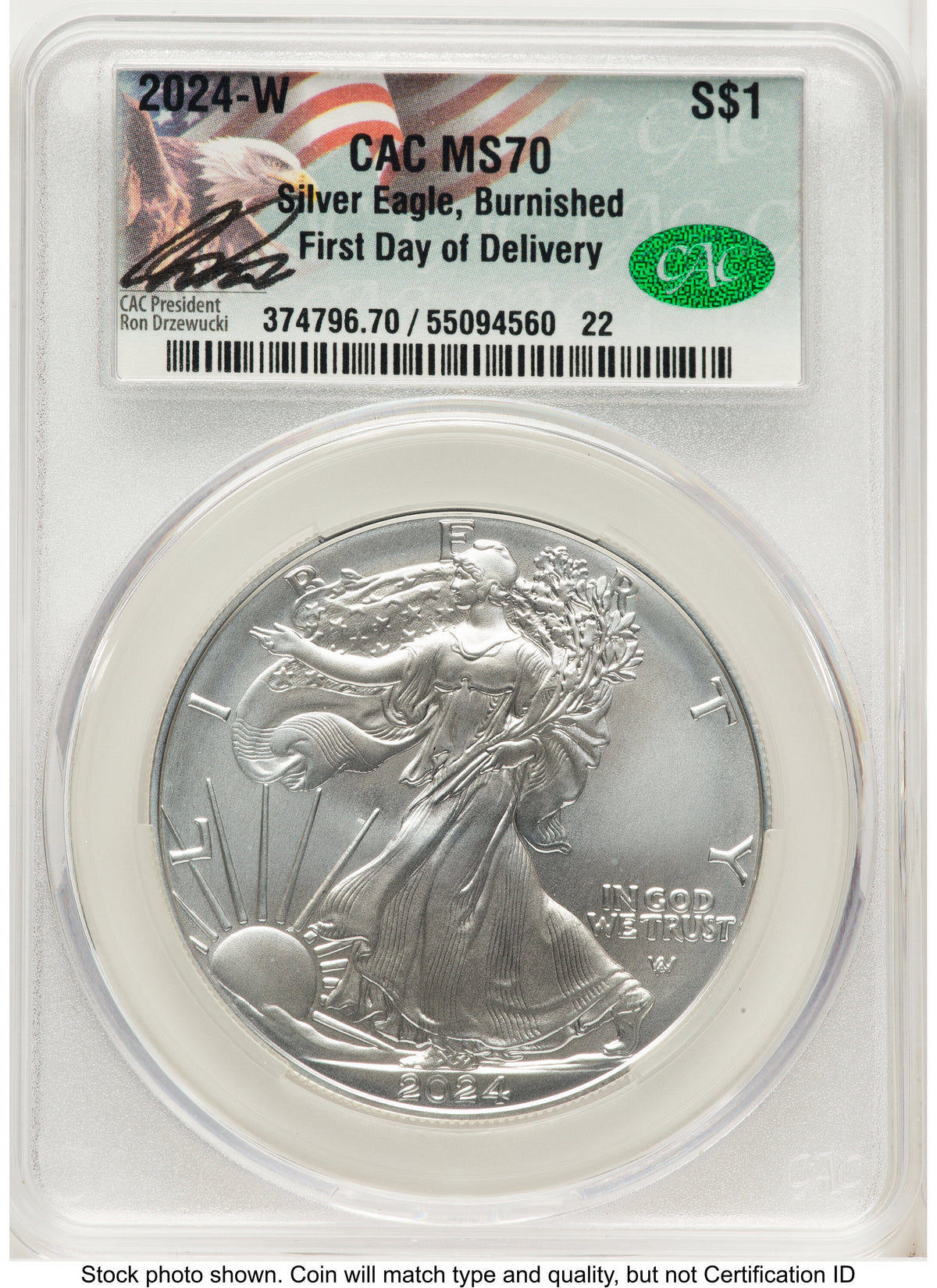 2024-W Burnished Silver Eagle 1 oz First Day of Delivery Ron Drzewuki CACG MS70