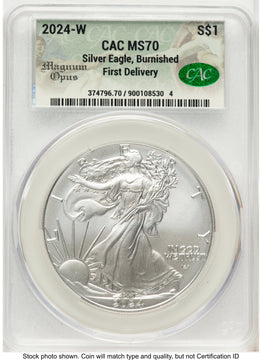2024-W Burnished Silver Eagle 1 oz First Delivery Magnum Opus CACG MS70
