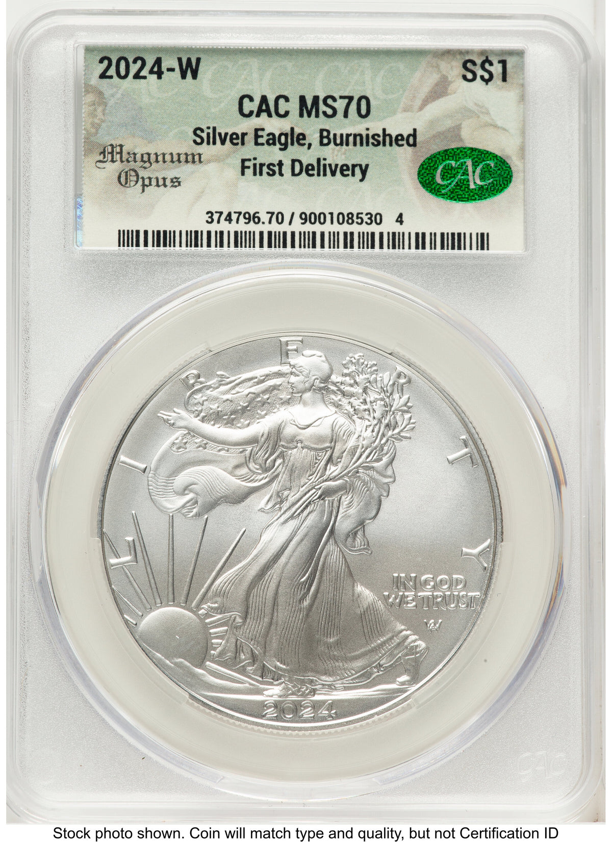 2024-W Burnished Silver Eagle 1 oz First Delivery Magnum Opus CACG MS70