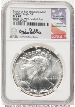 1987-(S) Silver Eagle Mike Castle From US Mint Sealed Box NGC MS70