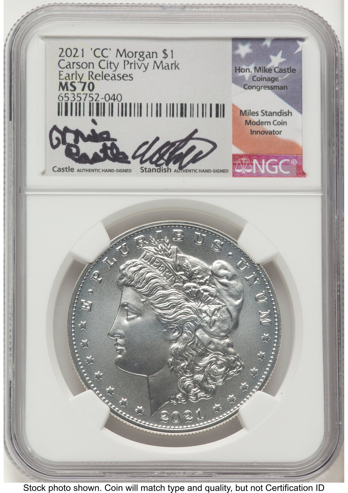 2021-CC Privy Morgan Dollar ER Mike Castle/Miles Standish NGC MS70
