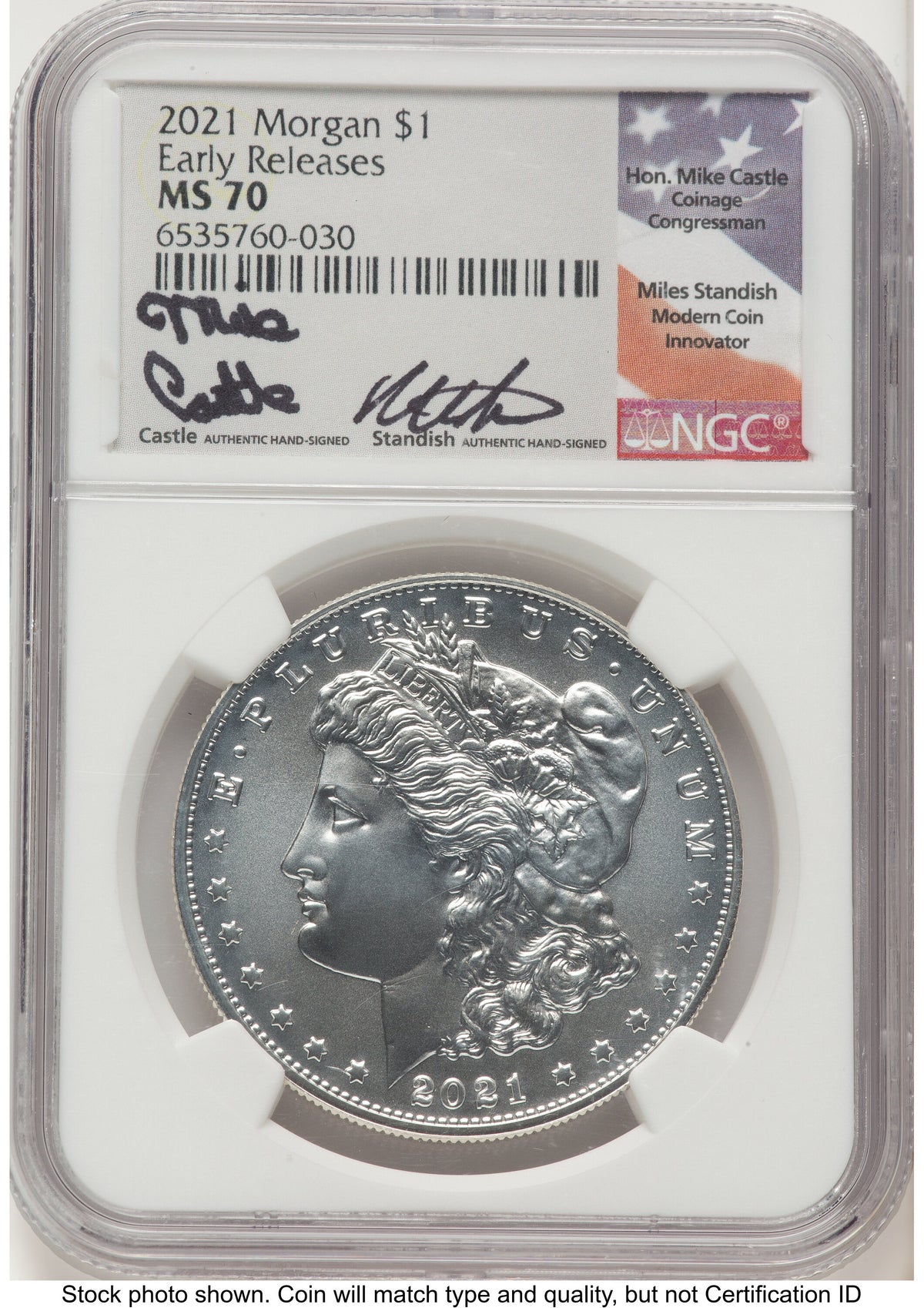 2021 Morgan Dollar ER Mike Castle/Miles Standish NGC MS70