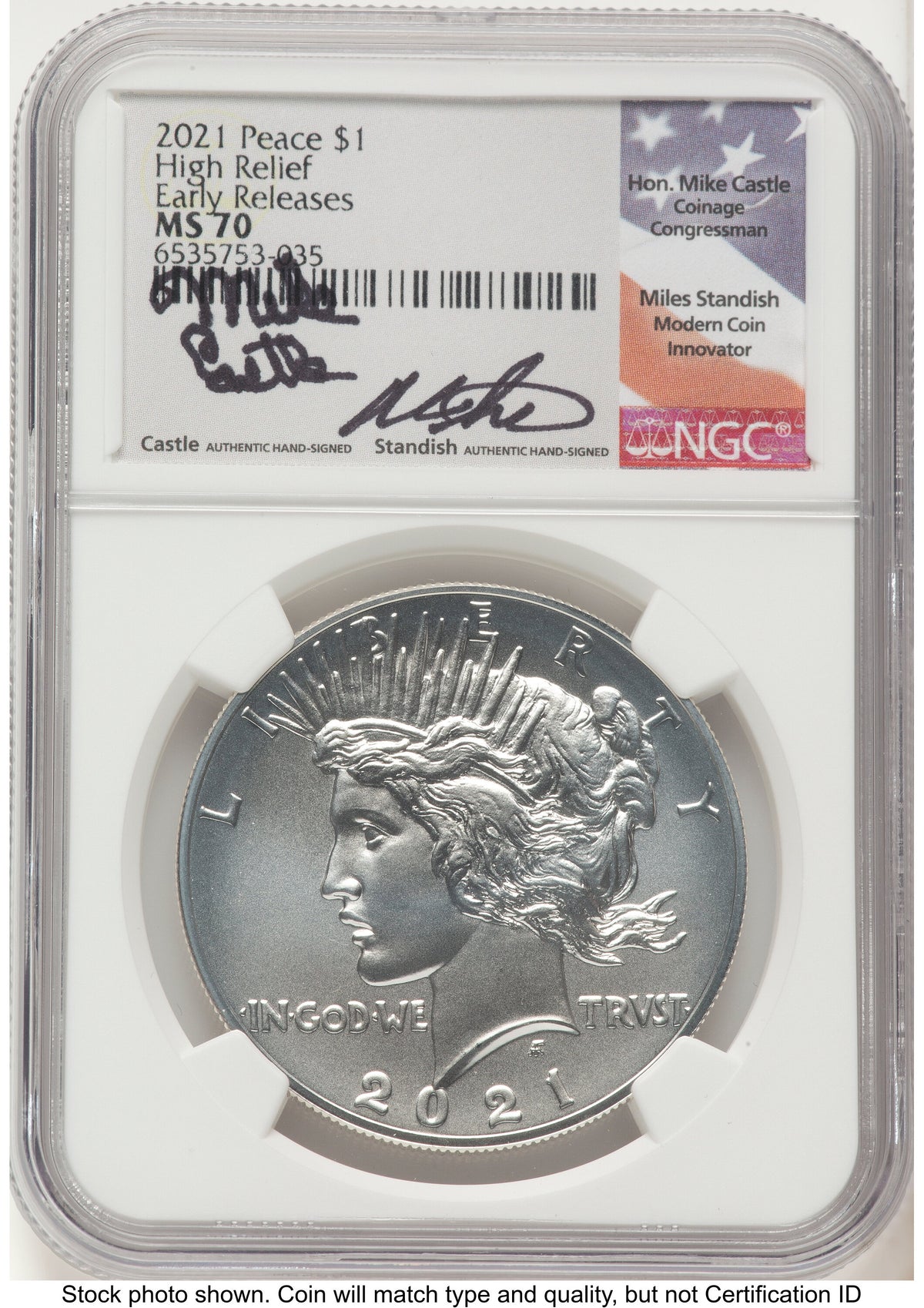 2021 Peace Dollar ER Mike Castle/Miles Standish NGC MS70