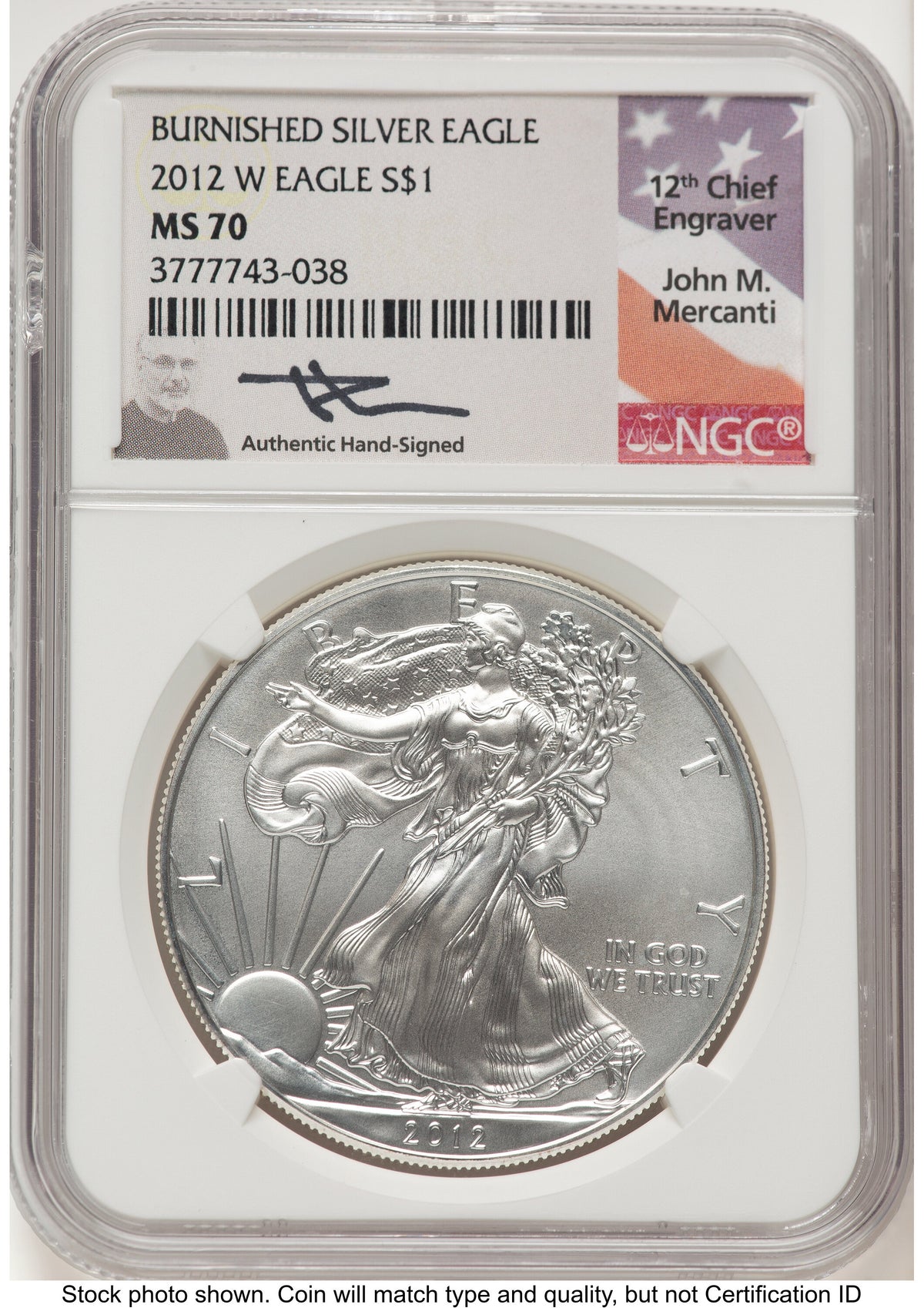 2012-W Burnished Silver Eagle 1 oz John NGC MS70 Mercanti