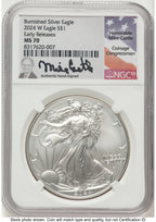 2024-W Burnished Silver Eagle 1 oz ER Mike Castle NGC MS70