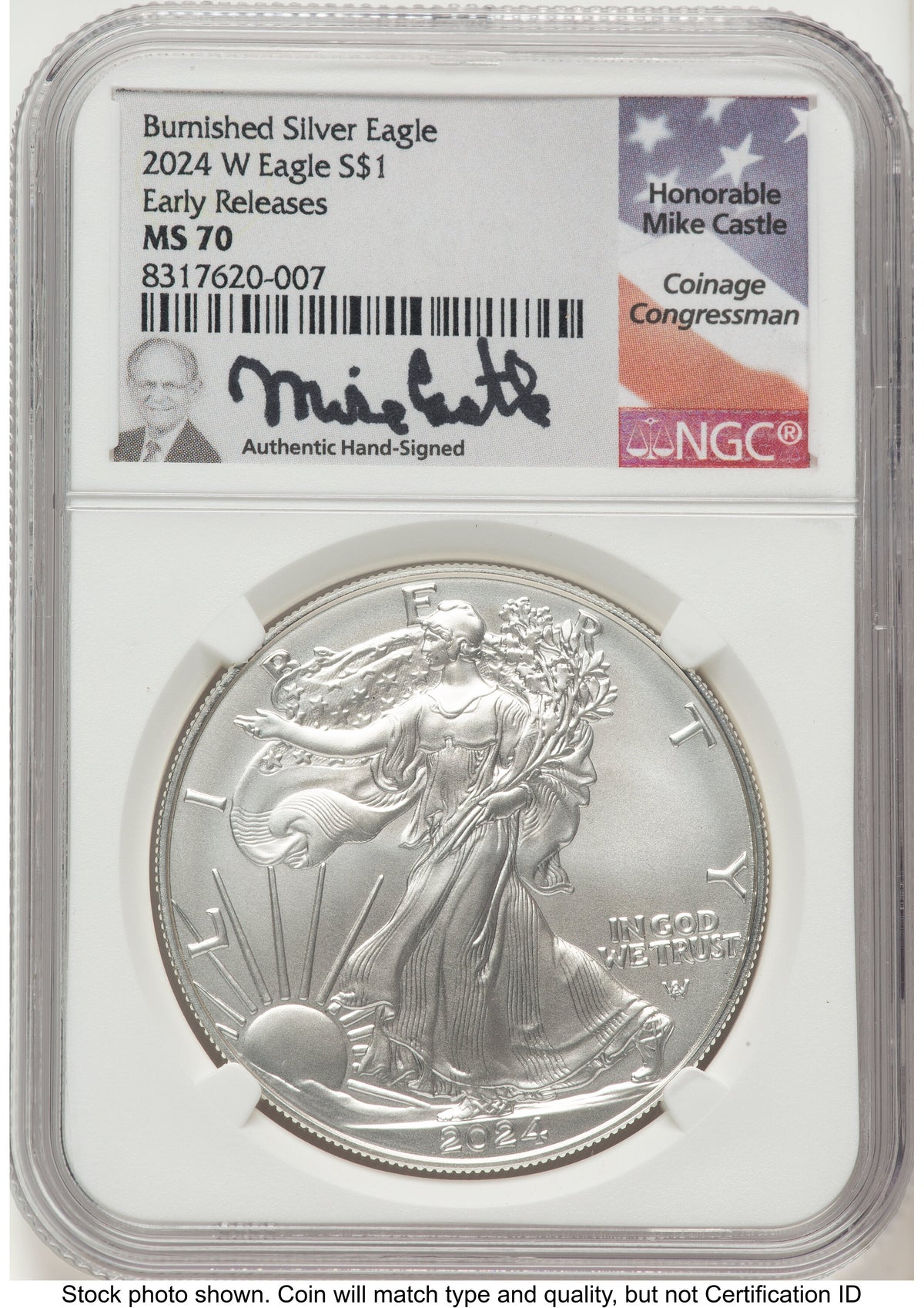 2024-W Burnished Silver Eagle 1 oz ER Mike Castle NGC MS70