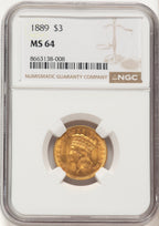 1889 $3 Three Dollar Gold Pieces NGC MS64