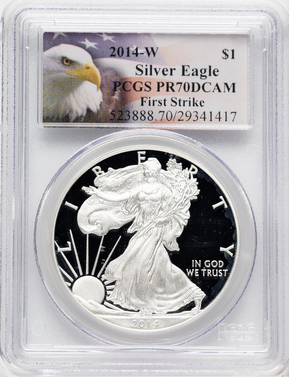 2014-W Proof Silver Eagle 1 oz FS Eagle Flag Label PCGS PR70