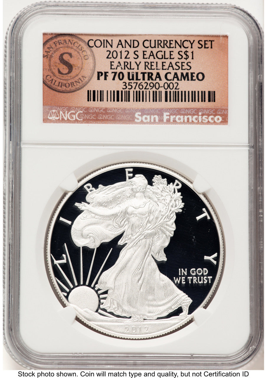 2012-S Proof Silver Eagle Coin & Currency Set 1 oz ER San Francisco Label NGC PF70