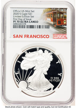 2020-S Proof Silver Eagle Limited Edition Proof Set 1 oz FDI Trolley Label NGC PF70