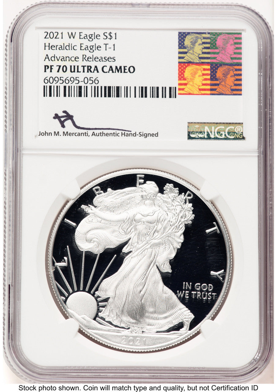 2021-W TY1 Proof Silver Eagle 1 oz AR John Reagan Bust Art NGC PF70 Mercanti